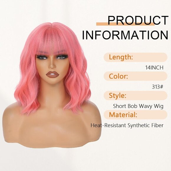 Women's Pink Synthetic Heat Resistant Short Wavy Shoulder Length Cosplay Wig - Picture 2 of 7
